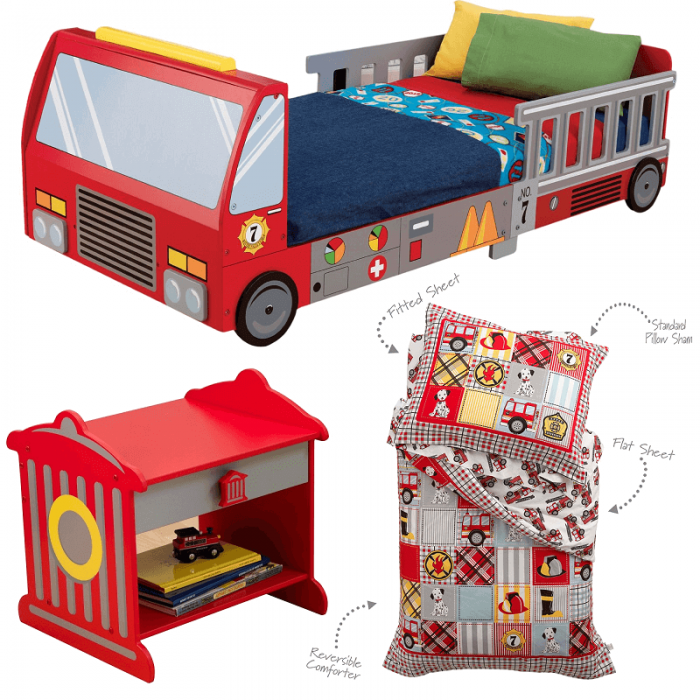 Set Fire Truck -3 piese (pat masina de pompier, lenjerie si noptiera)